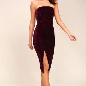 Lulus Hey Baby Burgundy Velvet Strapless Bodycon Midi Dress, NWOT